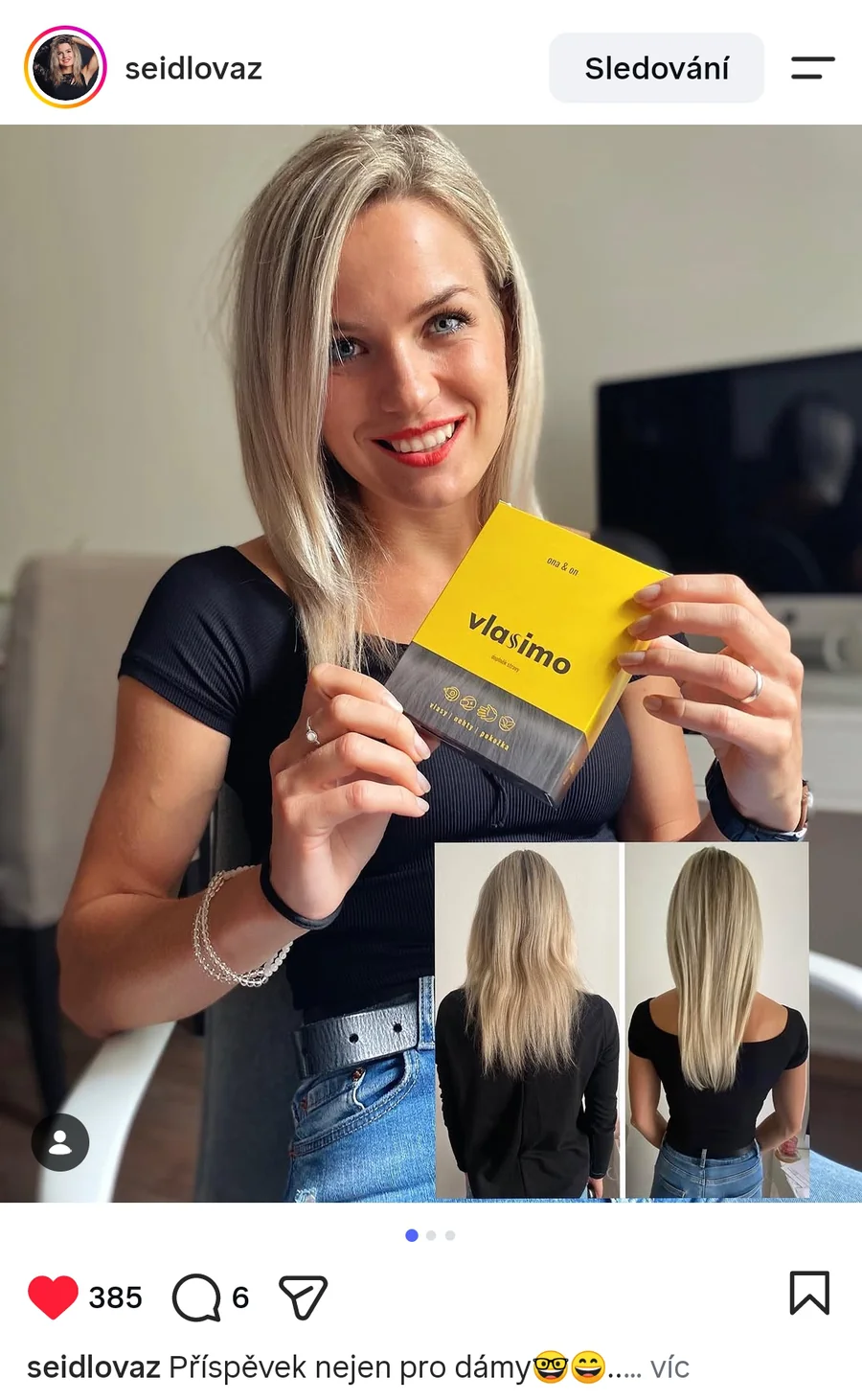 Zdeňka s balením Vlasimo — príspevok na Instagrame